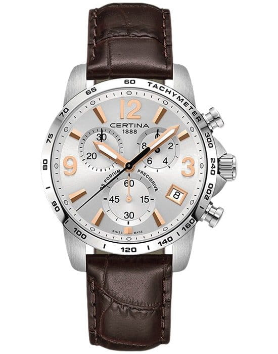 Certina Certina DS Podium Chronograph 1/10 sec C034.417.16.037.01  C0344171603701 кварцевые мужские часы серебристый циферблат, браслет кожаный — вид спереди